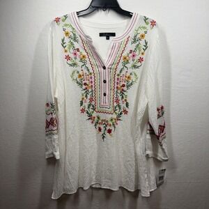 Calessa Tunic Multi Colored Embroidered Floral Crinkled Gauzy Stretchy White XL